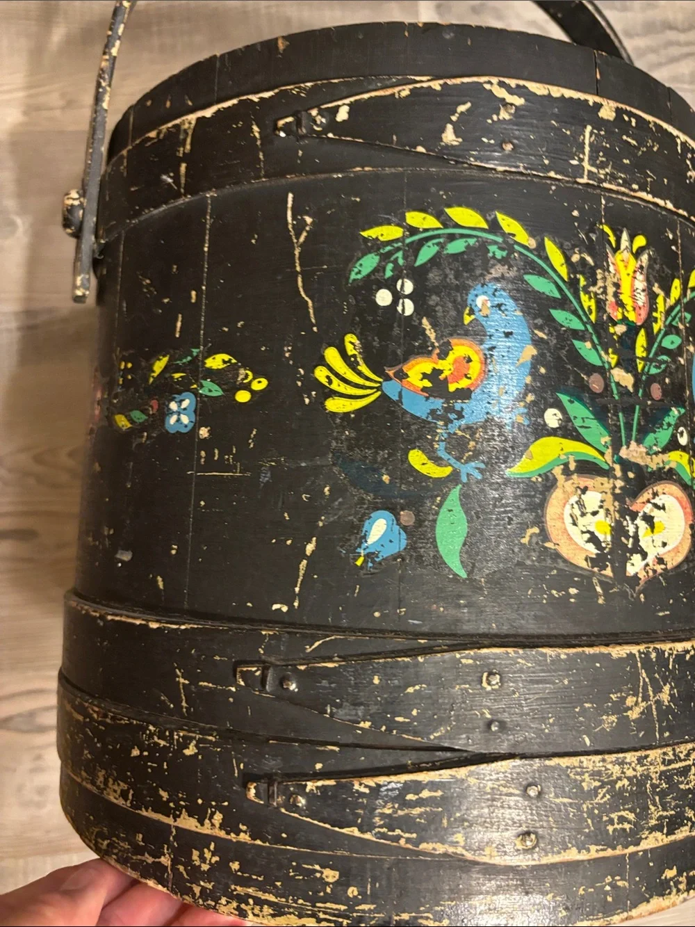 Vintage wood Firkin bucket, chippy black paint, w/ folk art design,11.25” tall
